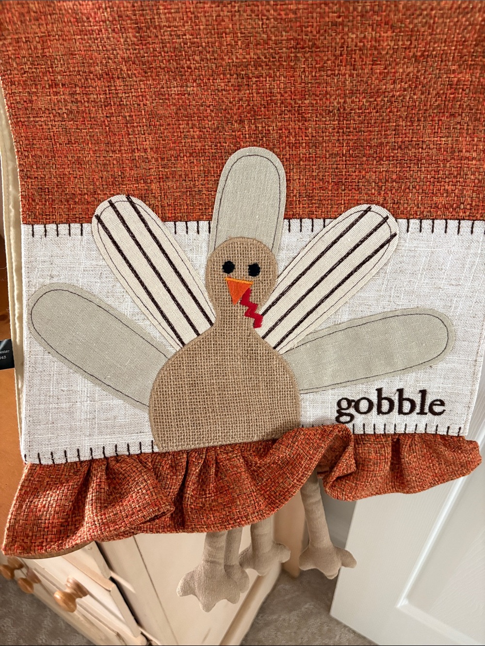 Autumn Blessings Gobble Turkey Table Runner - Rust and Cream - Picture 2 of 4